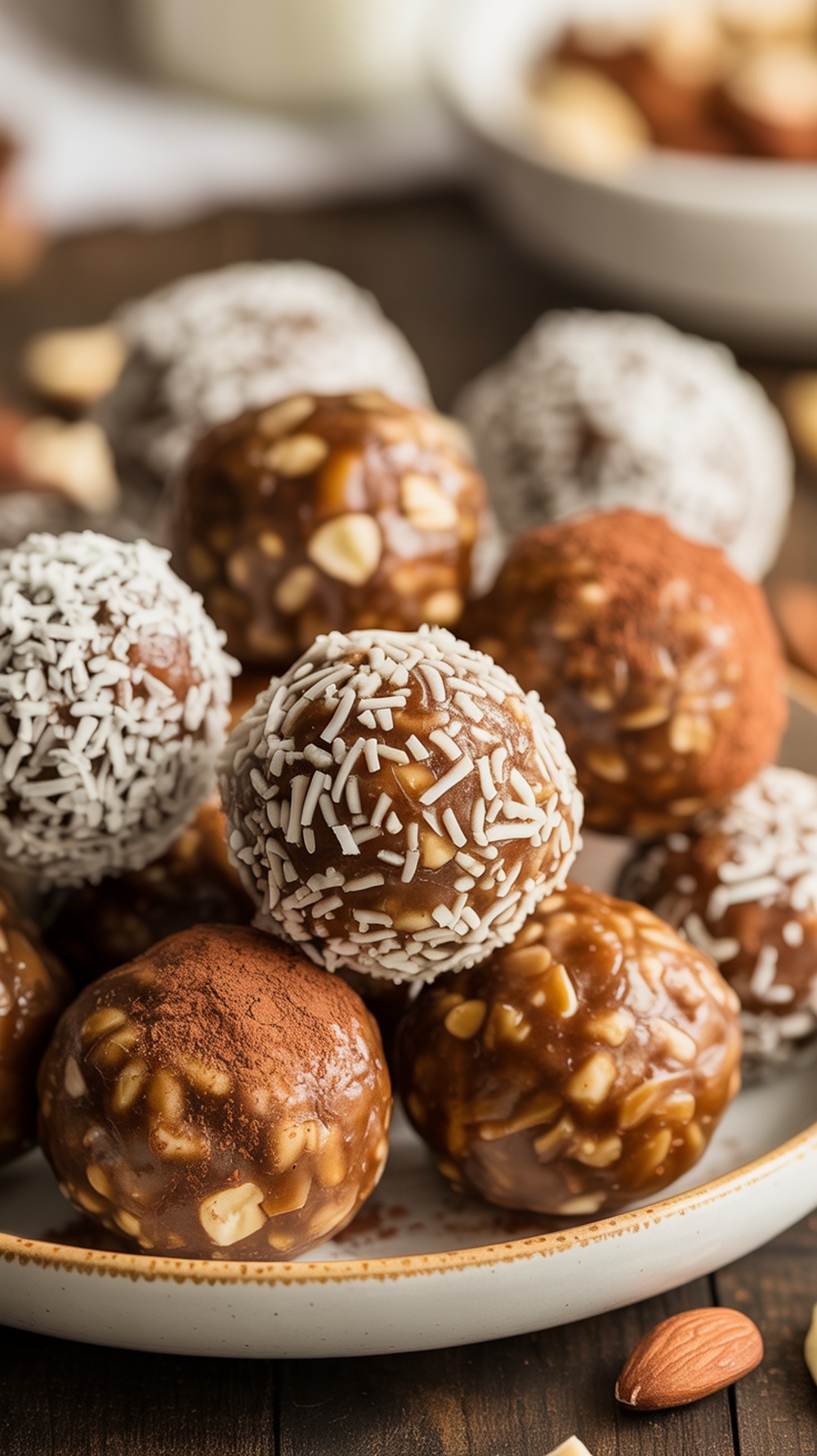 Nutty Date Protein Balls Recipe A plate of nutty date protein balls, some rolled in coconut and others in cocoa powder, with mixed nuts in the background.