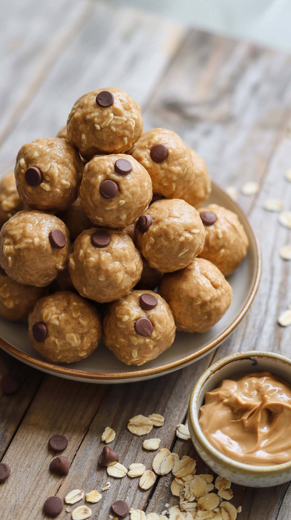 Almond Butter Protein Balls Recipe A plate of almond butter protein balls with oats and chocolate chips on a rustic wooden table.