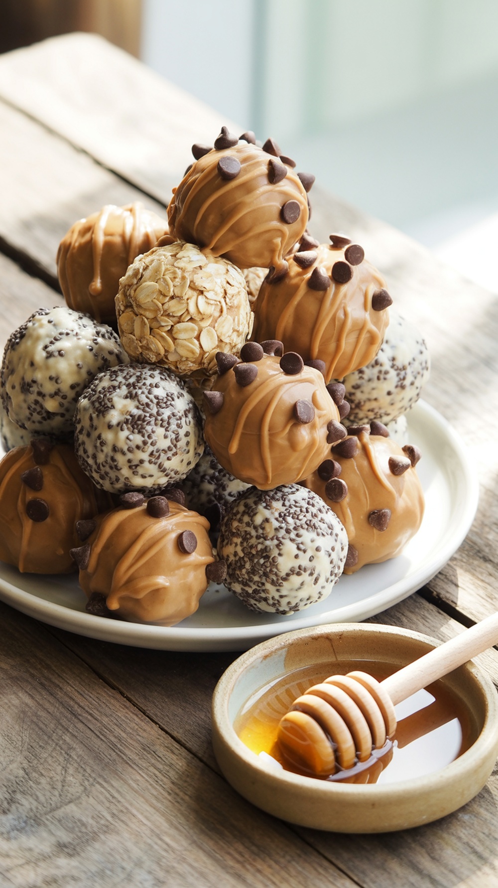 No-Bake Chocolate Peanut Butter Protein Balls A plate of no-bake protein balls made with oats and peanut butter, garnished with chocolate chips, on a wooden table.