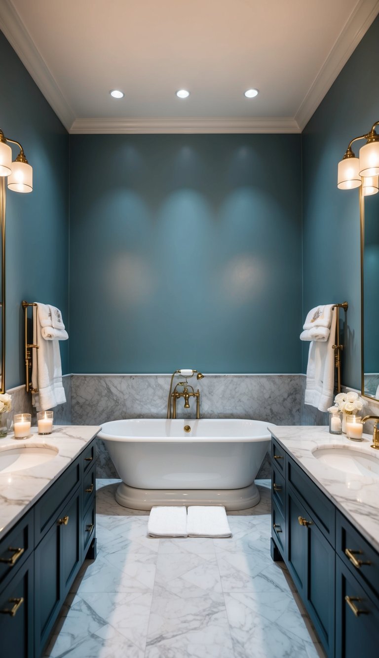 A spacious bathroom with dusty blue walls, marble countertops, and elegant fixtures. A freestanding tub sits in the center, surrounded by plush towels and scented candles