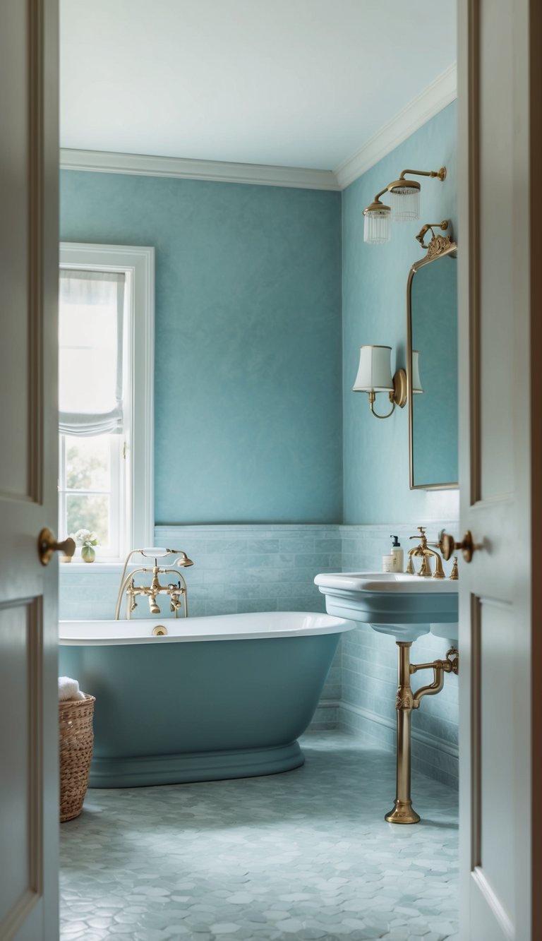 A serene bathroom with soft dusty blue walls, elegant fixtures, and a tranquil atmosphere