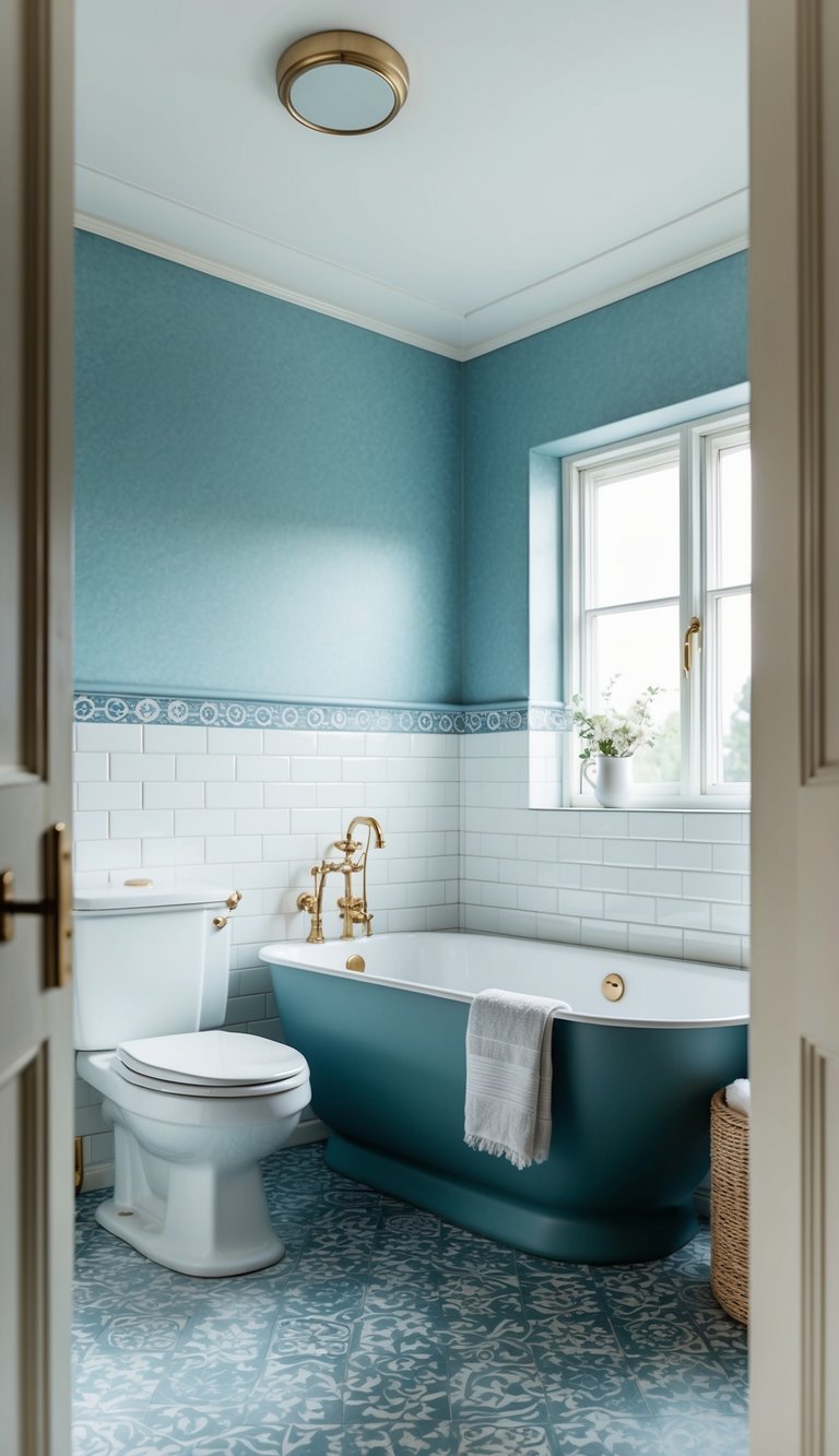 A serene bathroom with dusty blue and white ceramic tiles, featuring a classy and sophisticated retreat ambiance