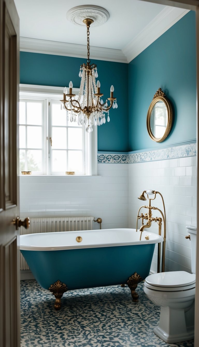 A dusty blue bathroom with vintage brass fixtures, featuring a clawfoot tub, a chandelier, and elegant tiling