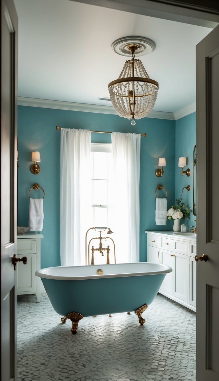 A freestanding clawfoot tub sits in a spacious, dusty blue bathroom retreat, surrounded by elegant fixtures and soft lighting
