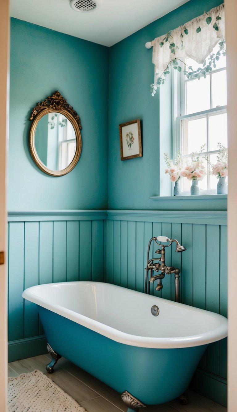 A dusty blue bathroom with weathered wood accents, featuring a clawfoot tub, vintage mirror, and delicate floral decor
