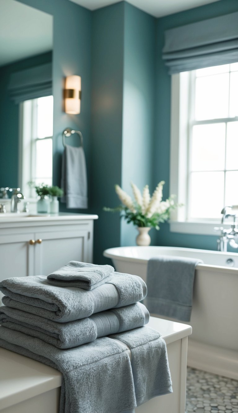 A serene bathroom retreat with soft gray towels and accents of dusty blue, creating a classy and calming atmosphere
