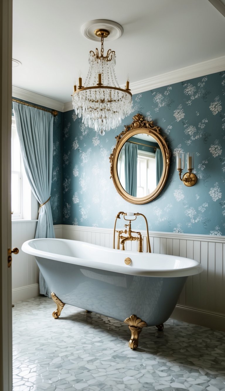 A spacious bathroom with a clawfoot tub, adorned with elegant dusty blue floral wallpaper. A crystal chandelier illuminates the tranquil retreat