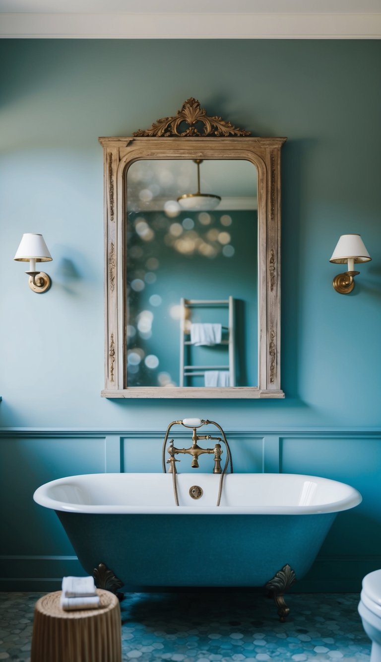 An antique mirror hangs above a dusty blue bathroom retreat, adding a touch of class to the serene space