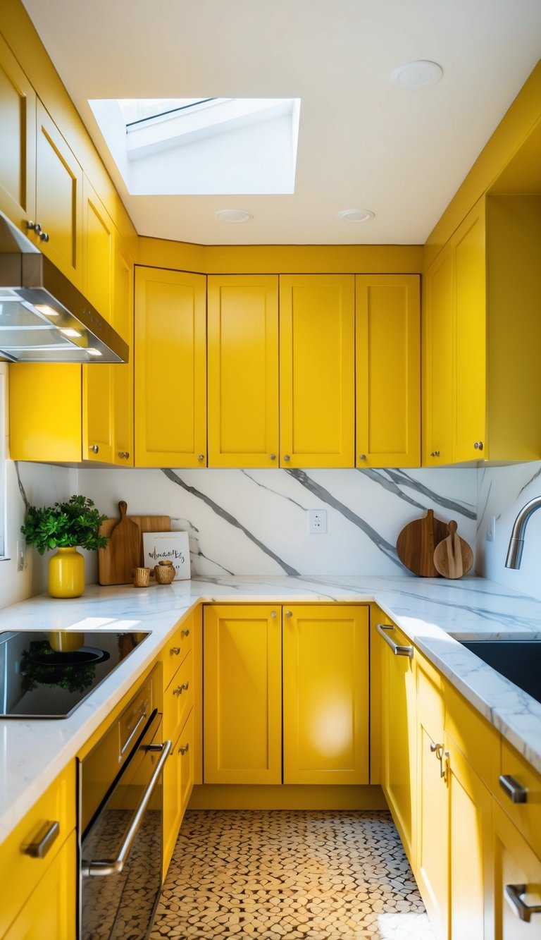 A bright, sunny kitchen with sleek, mustard yellow cabinets, accented with modern hardware and surrounded by marble countertops and stainless steel appliances