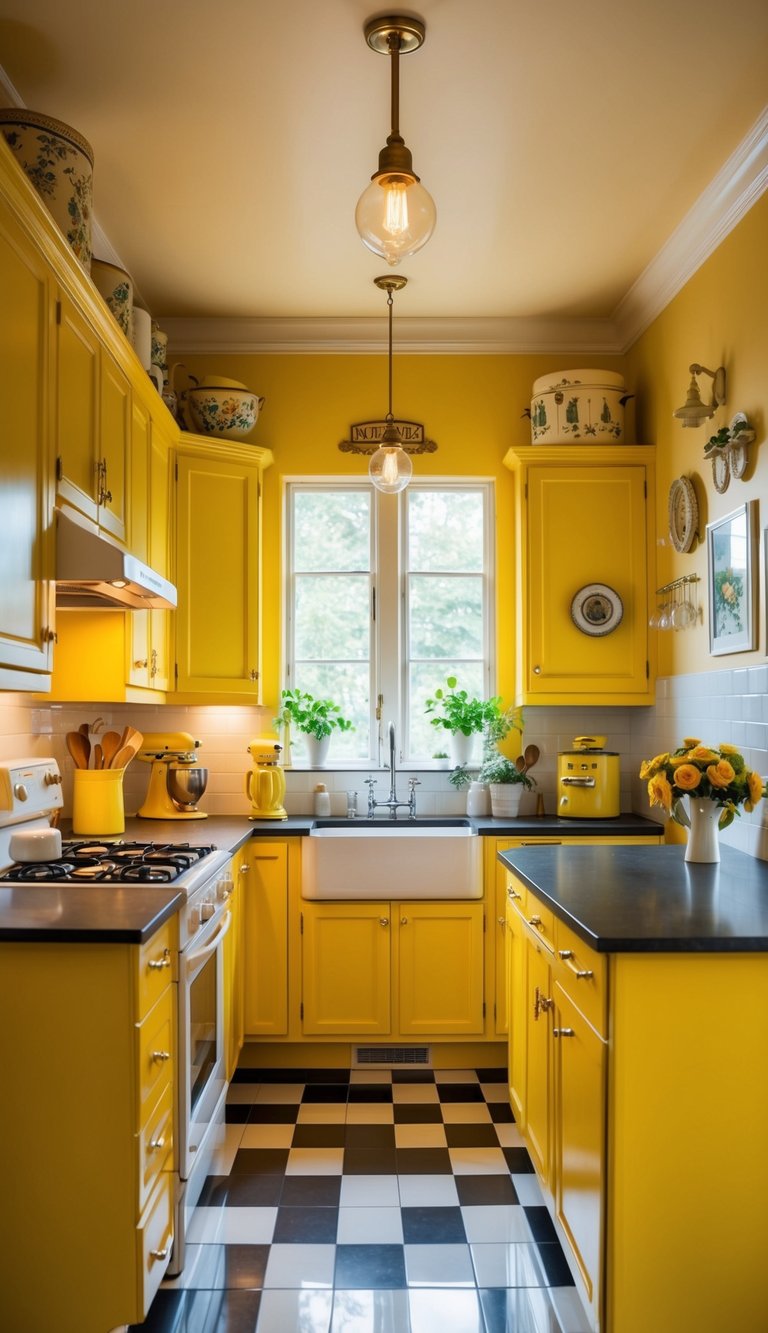 A bright, vintage-inspired kitchen with mustard yellow cabinets, adorned with charming, retro details and warm, inviting lighting