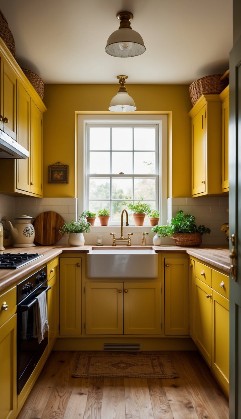 A cozy country kitchen with warm mustard yellow cabinets, vintage decor, and natural light streaming in through a window