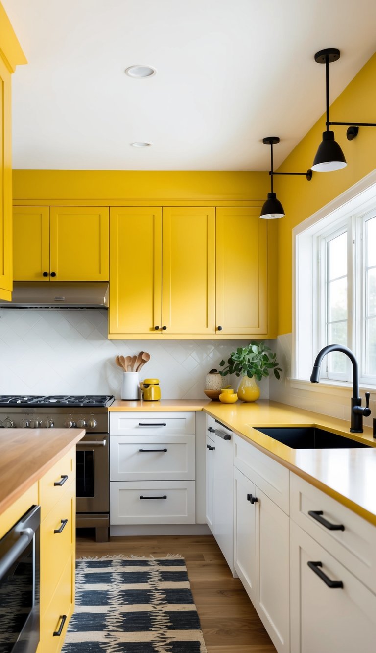 A bright, modern kitchen with mustard yellow cabinets, sleek hardware, and stylish decor