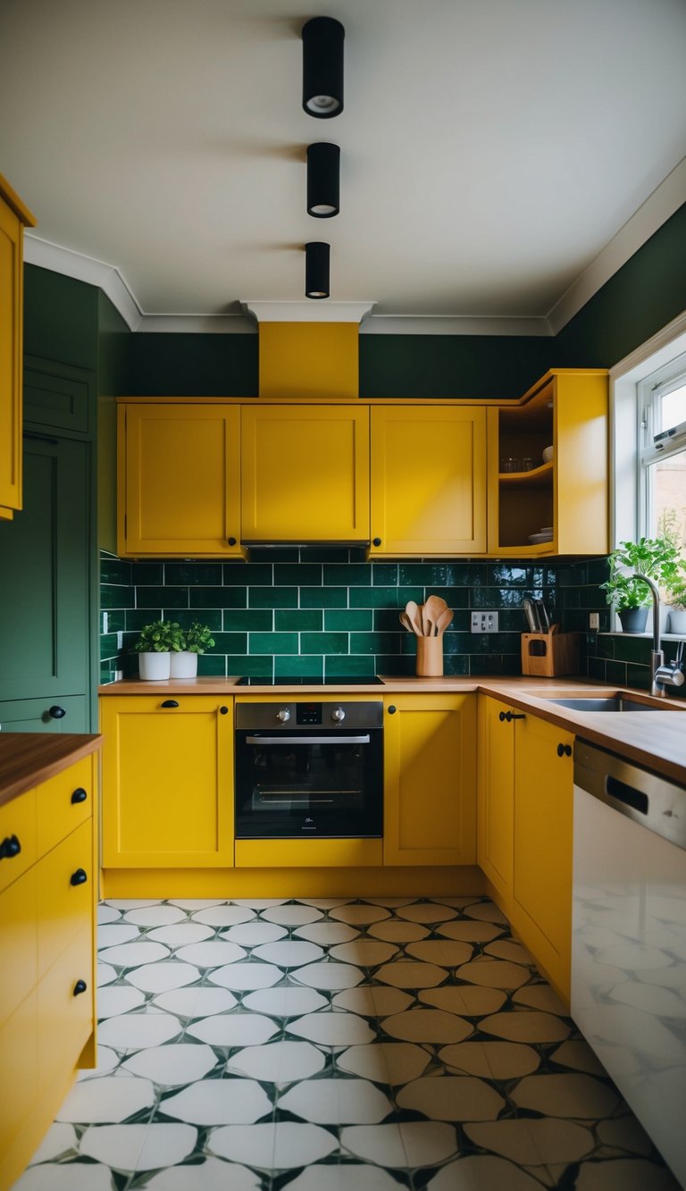 A kitchen with mustard yellow cabinets and green tile fusion backsplash