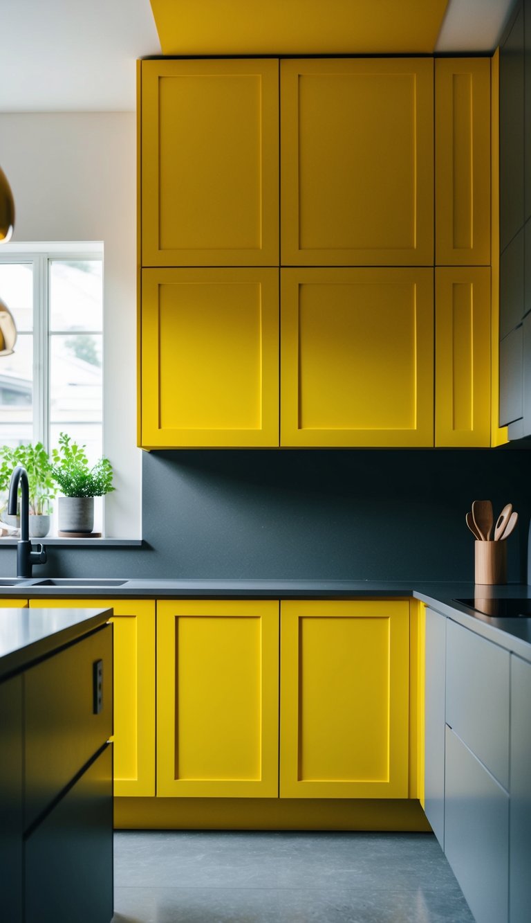 A bright, mustard yellow kitchen cabinet stands out against sleek gray countertops, creating a striking visual contrast