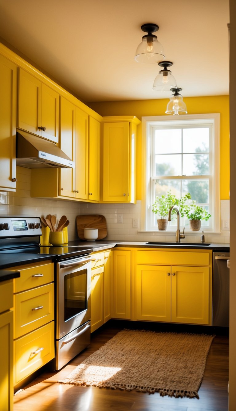 A bright, sunny kitchen with mustard yellow cabinets, warm and inviting, bathed in the golden glow of natural light