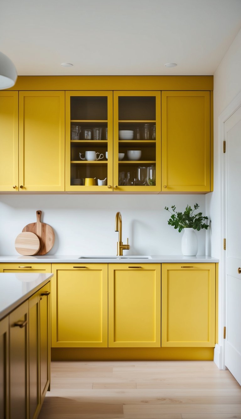 A bright, mustard yellow kitchen cabinet stands out in a clean, minimalist shaker style kitchen