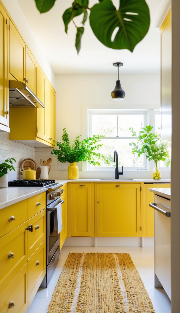A bright, airy kitchen with mustard yellow cabinets, accented with modern fixtures and vibrant greenery