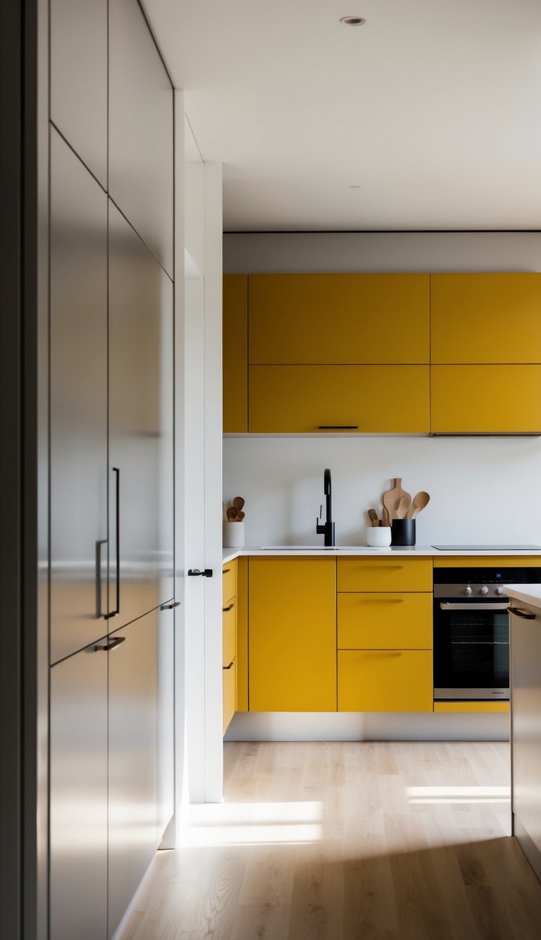 A sleek, minimalist kitchen with mustard yellow cabinets, clean lines, and modern hardware