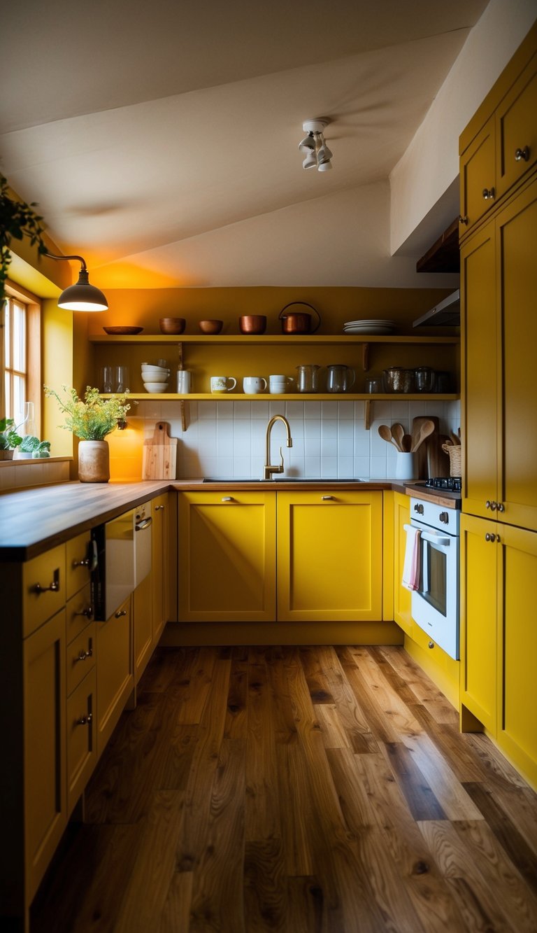 A cozy loft kitchen with mustard yellow cabinets, warm lighting, and a rustic aesthetic