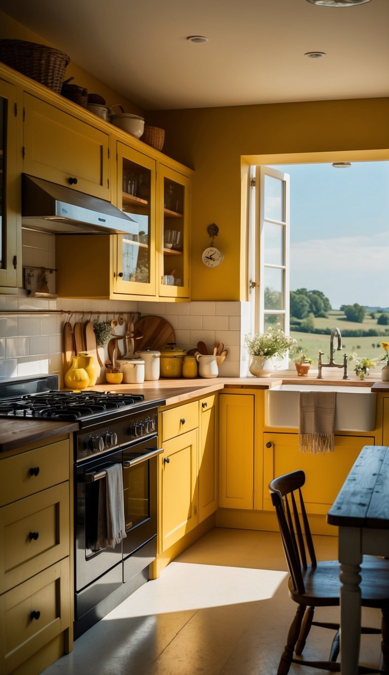 A sunny, rustic kitchen with mustard yellow cabinets, vintage decor, and countryside views