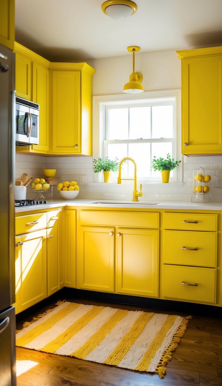 A sunny kitchen adorned with mustard yellow cabinets, highlighted with lemon accents and a bright, aesthetic makeover