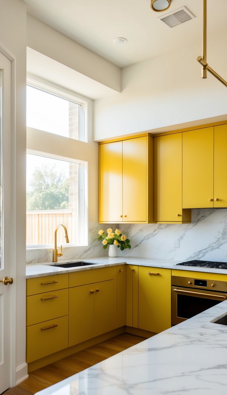 A bright, modern kitchen with sleek mustard yellow cabinets, marble countertops, and gold hardware. Sunlight streams through the window, casting a warm glow over the space