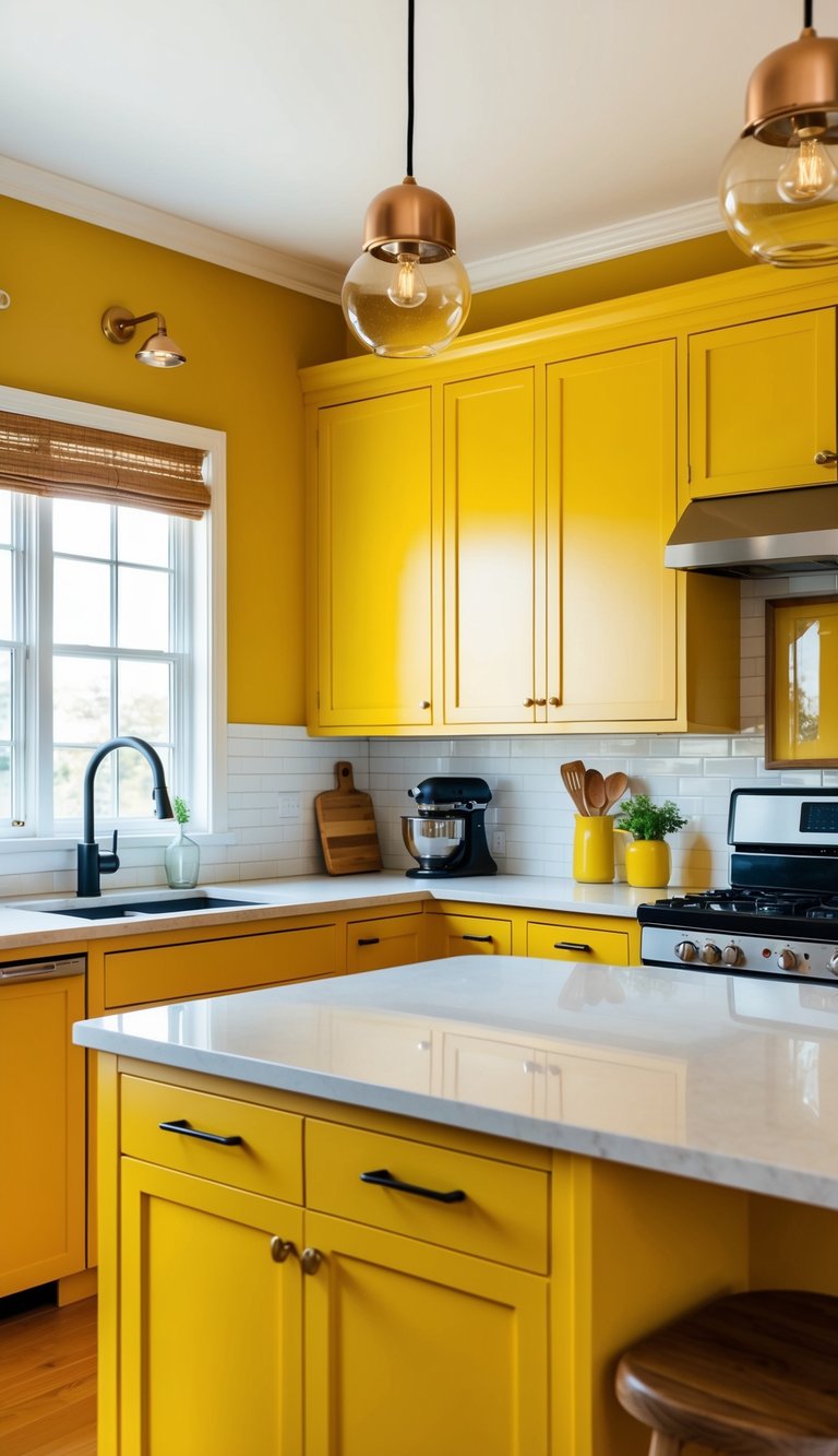 A bright kitchen with mustard yellow cabinets, accented with bold undertones, creating a warm and inviting aesthetic