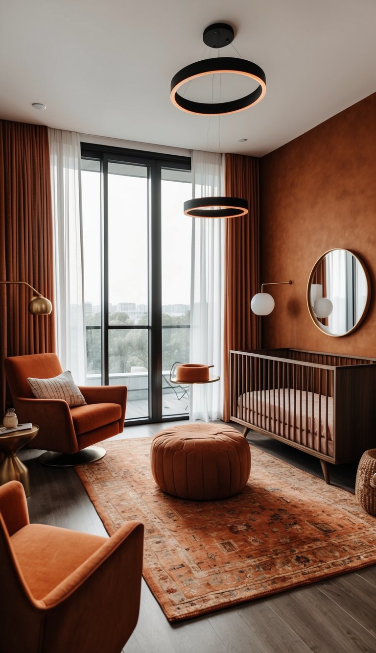 A sleek, modern nursery in rich rust orange tones with luxurious furnishings and contemporary design elements