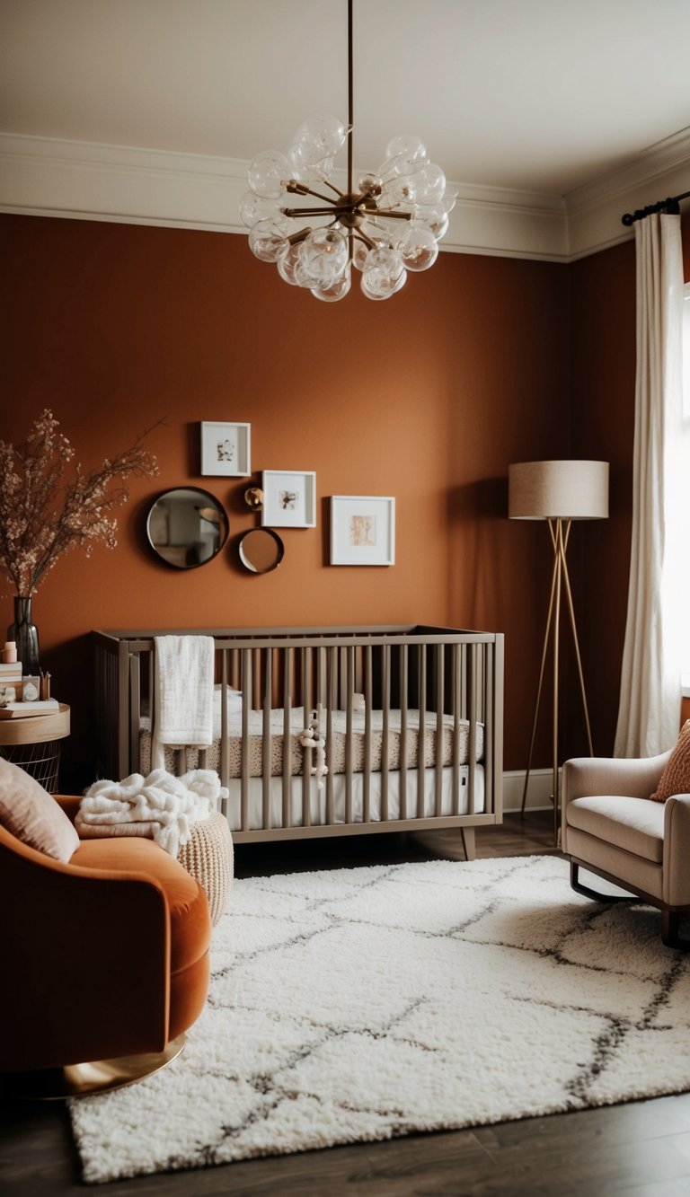 A cozy nursery with rust orange walls, sleek modern furniture, and luxurious accents