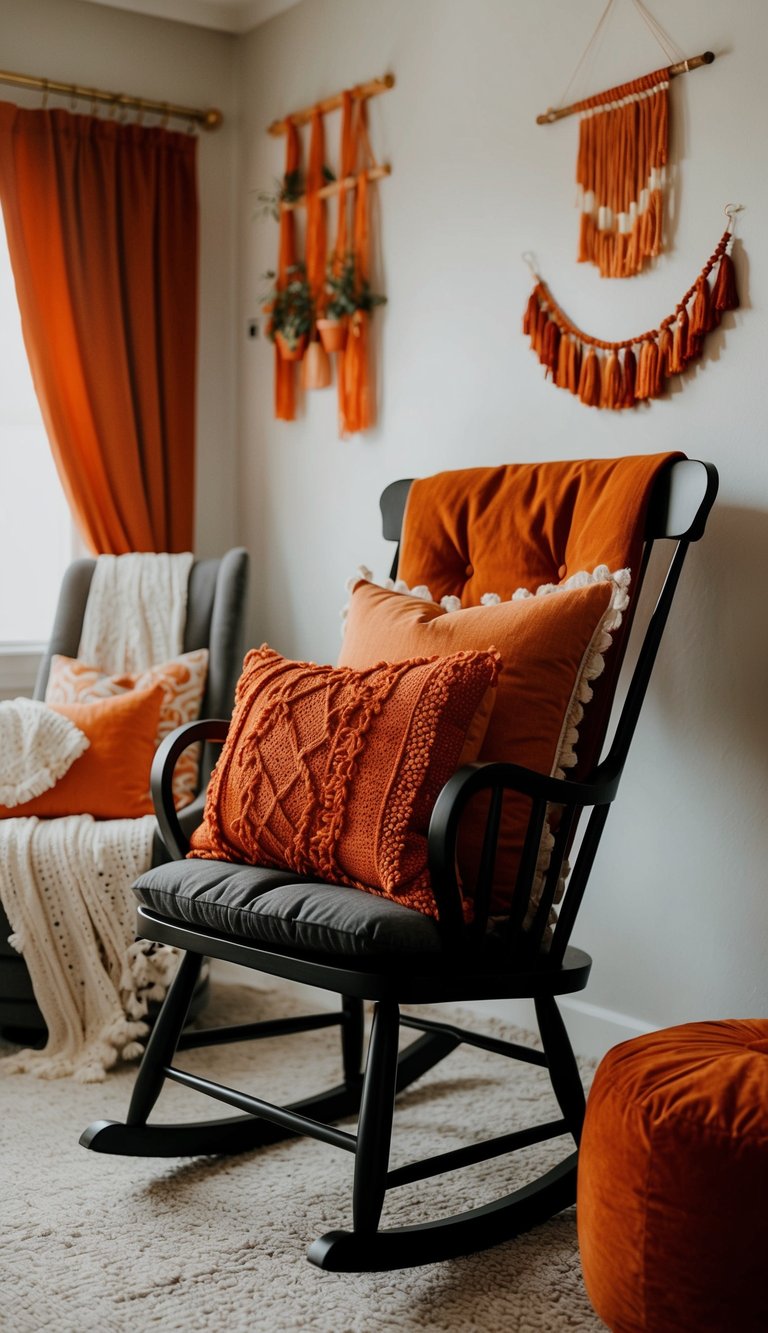 A cozy nursery with burnt orange boho pillows on a modern luxury rocking chair, surrounded by stylish rust orange decor and accents