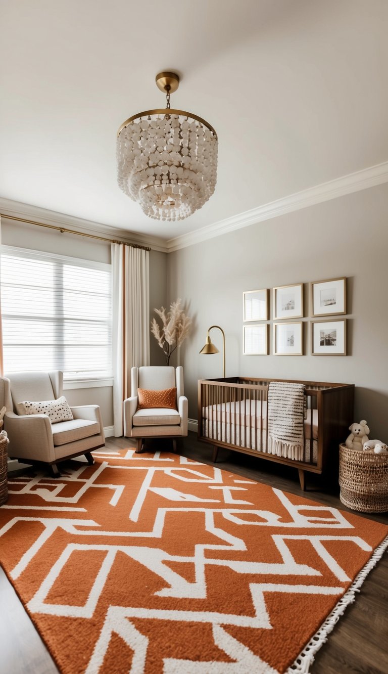 An elegant nursery with a rust orange and white geometric-patterned rug, modern furniture, and luxurious decor