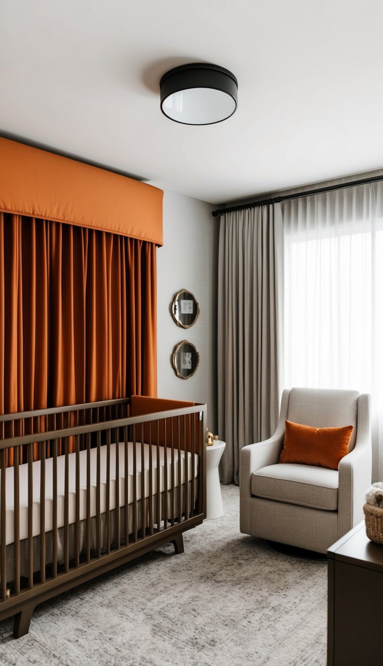 A modern nursery with a burnt orange crib bumper, sleek furniture, and subtle luxury accents