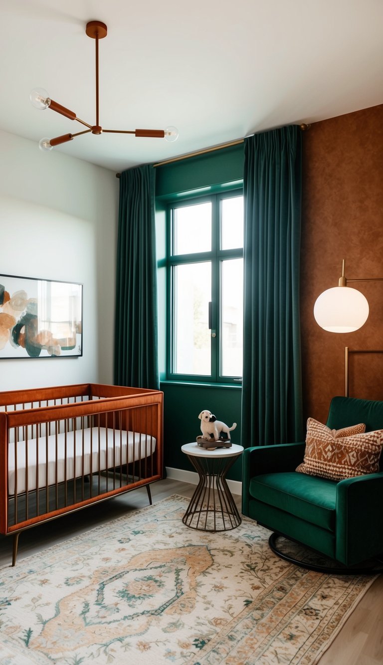 A modern luxury nursery with rust accents and deep emerald green, featuring sleek furniture and plush textiles