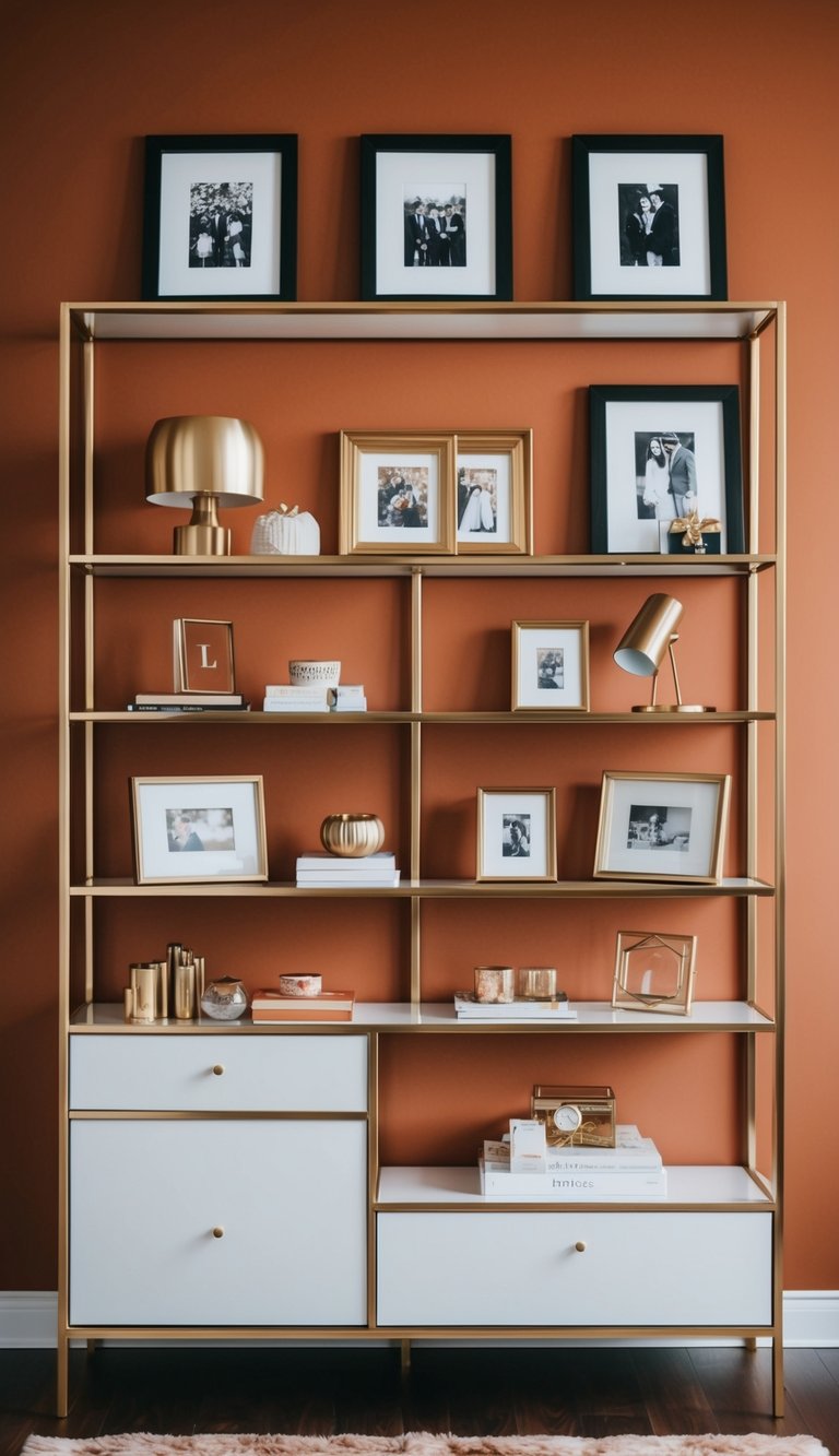 Luxurious rust orange nursery with metallic gold photo frames on modern shelves