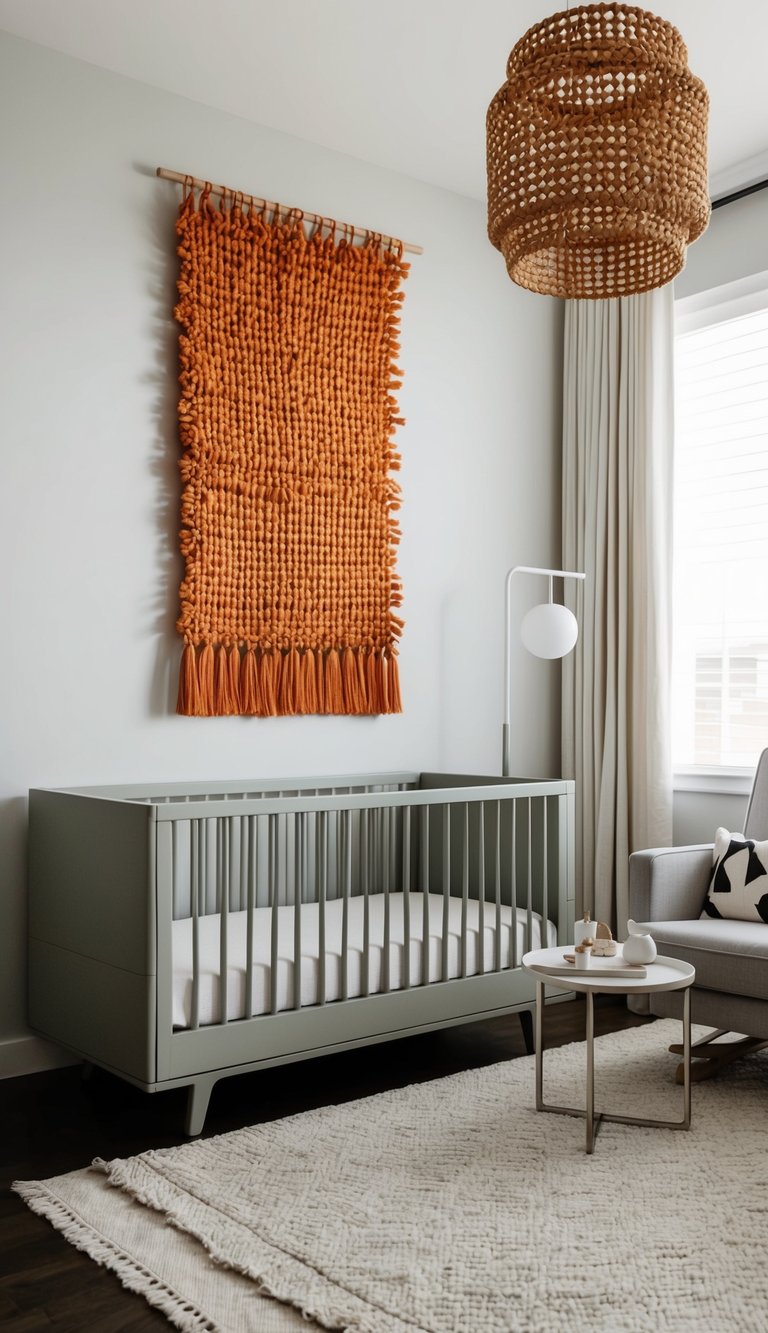A modern nursery with a woven orange-toned wall hanging, sleek furniture, and minimalist decor