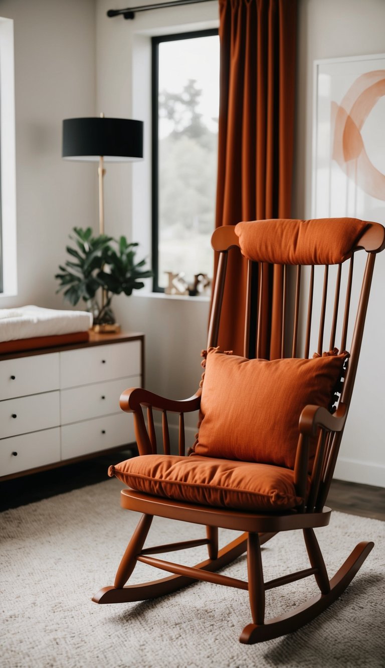 A rust orange rocking chair cushion sits in a modern luxury nursery
