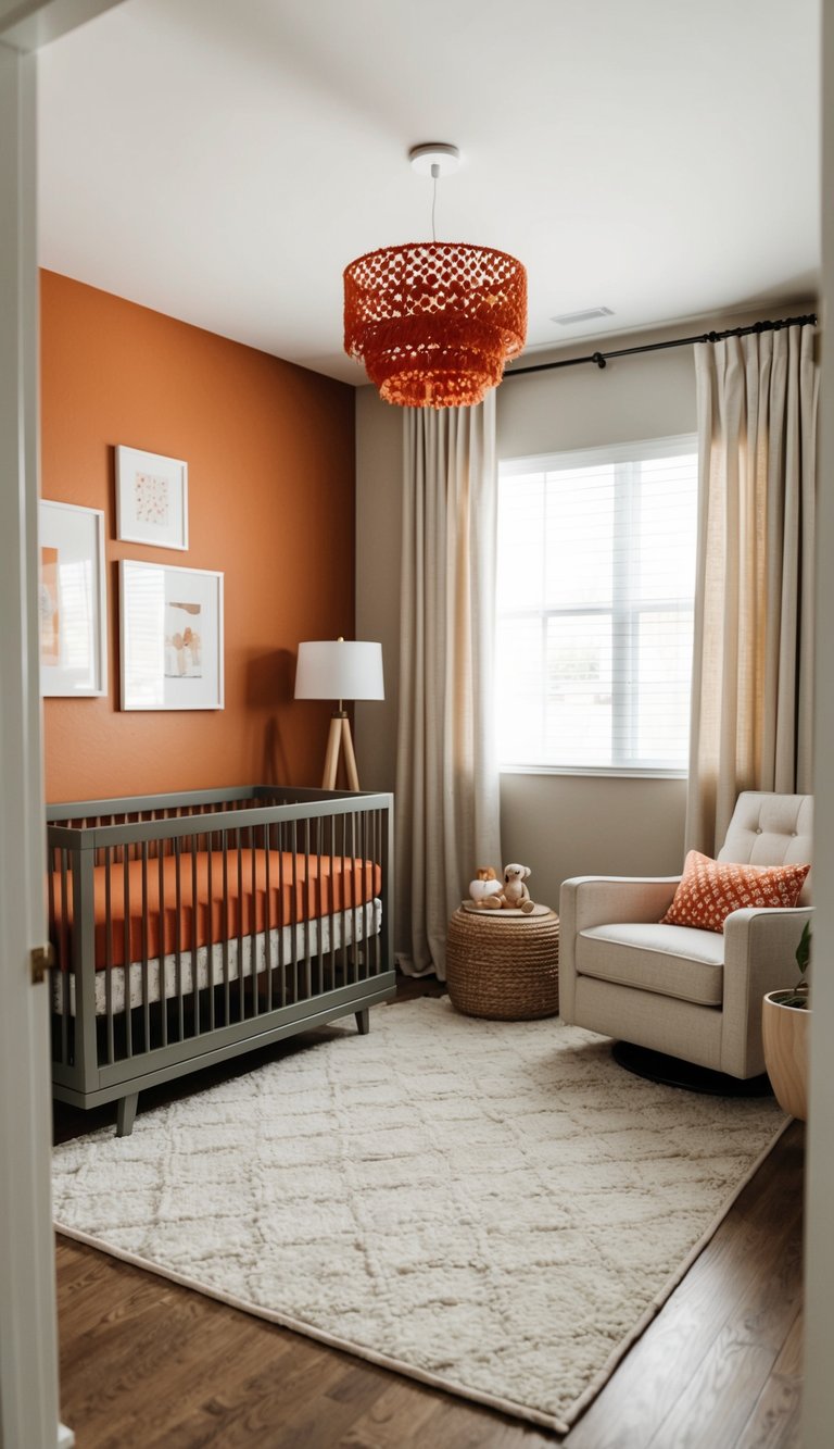 A modern nursery with rust orange accents and neutral-toned furniture