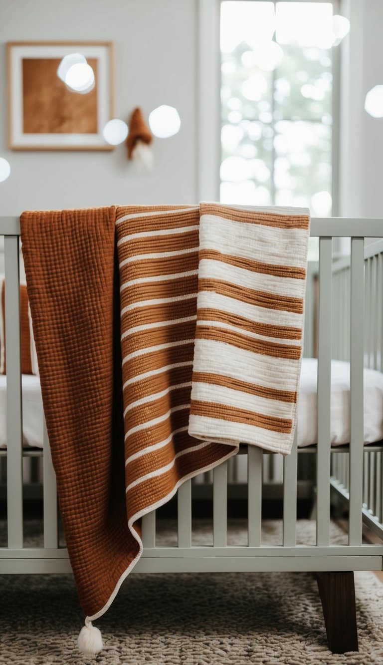 A cozy nursery with a rust orange and beige striped blanket draped over a modern crib