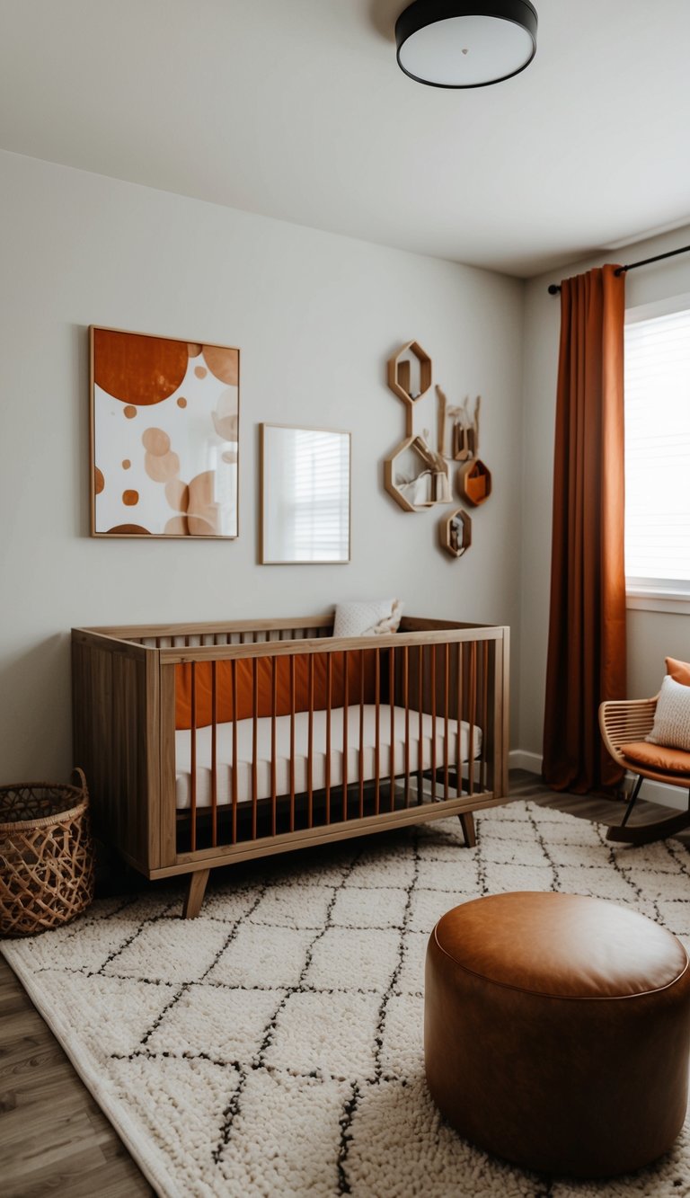 A modern luxury nursery with rust orange accents and wooden elements for a natural look