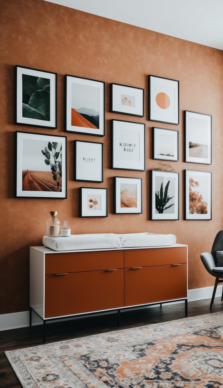 A gallery wall with various modern luxury rust orange nursery concepts displayed in sleek frames