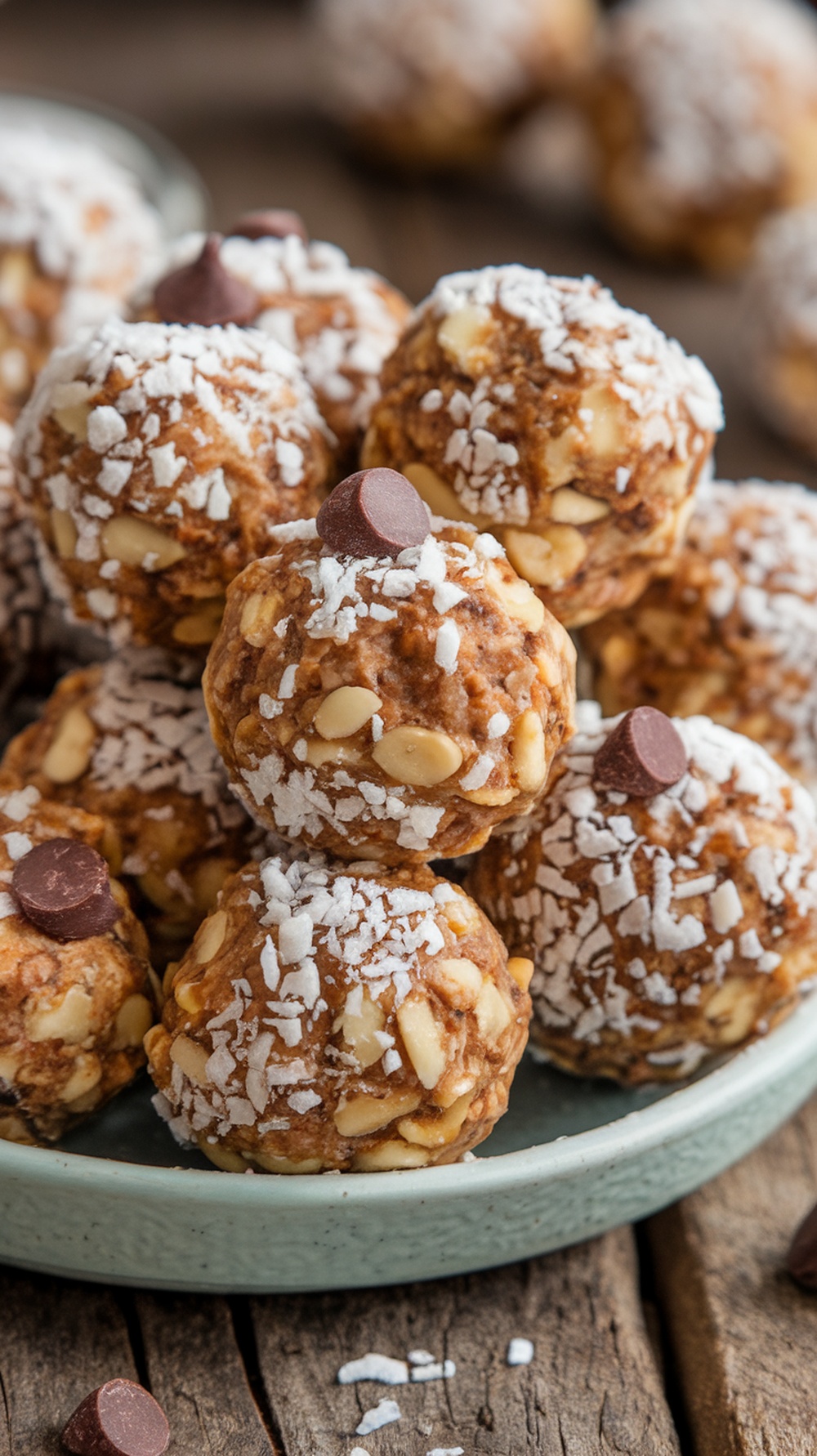 A plate of low carb protein energy balls, sprinkled with coconut and chocolate chips, on a rustic wooden table.