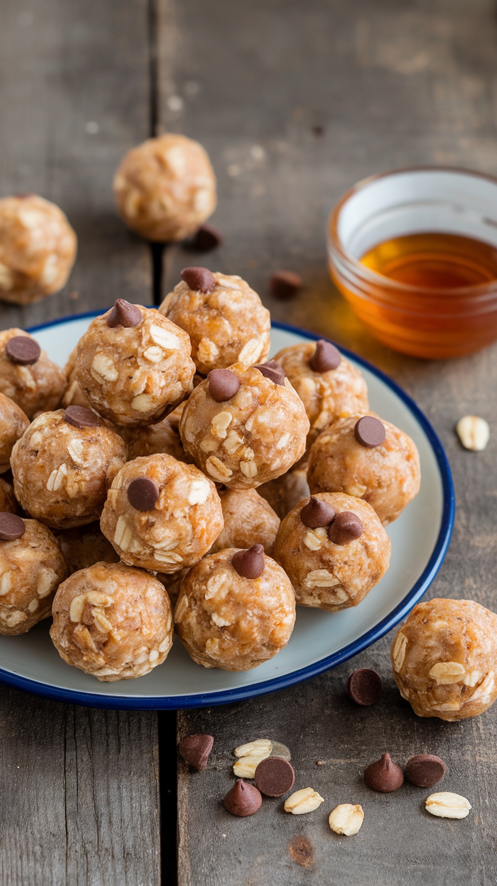 A plate of low-calorie protein balls made with oats and nut butter, with chocolate chips, on a rustic table.