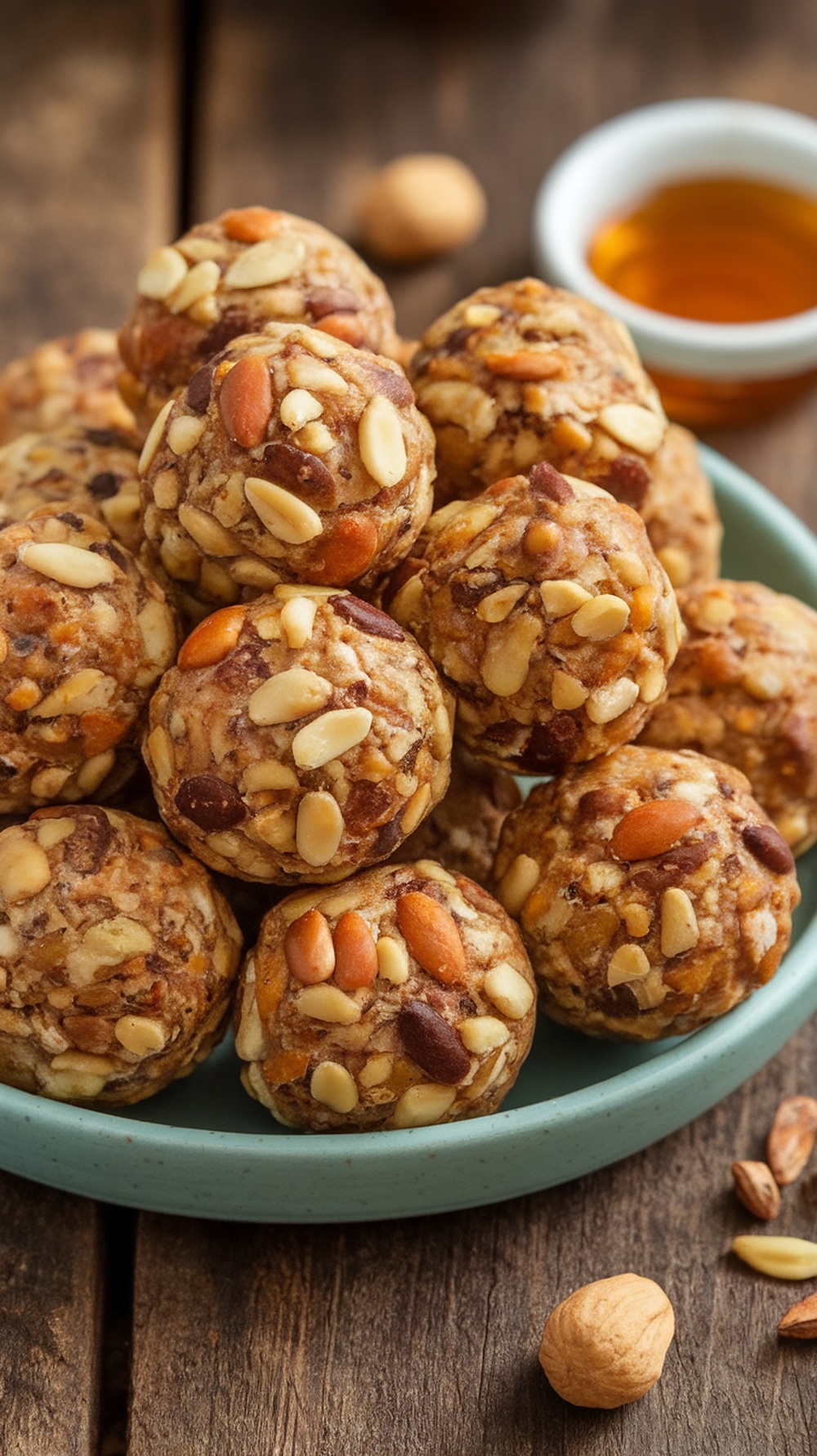 Nutty gluten-free protein balls on a plate with honey and nuts in the background.