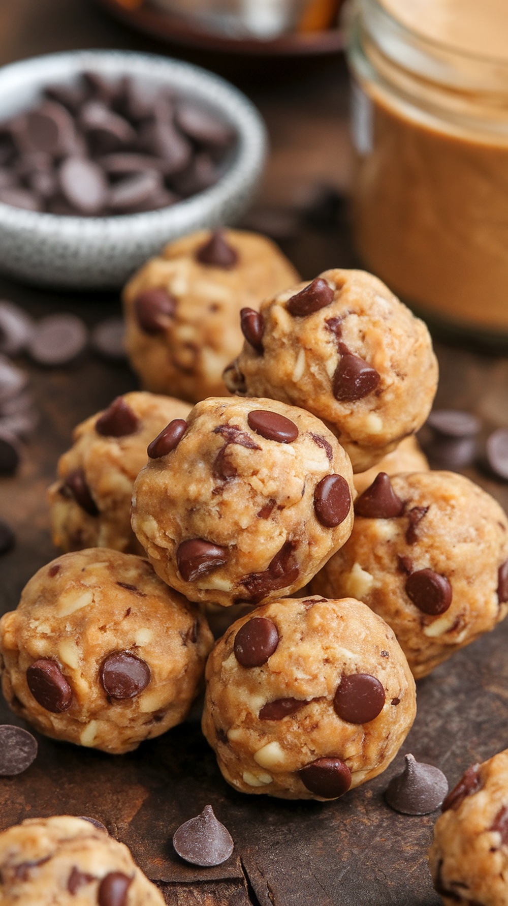 Chocolate chip protein balls on a wooden surface with chocolate chips and nut butter in the background.