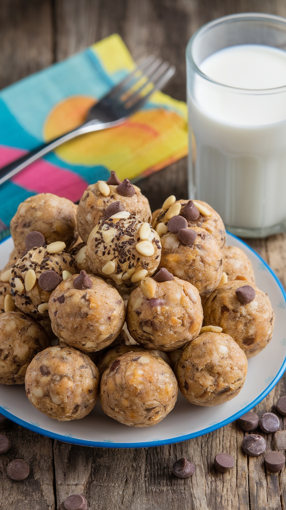 A plate of peanut-free protein balls with seeds and chocolate chips, served with a glass of milk.