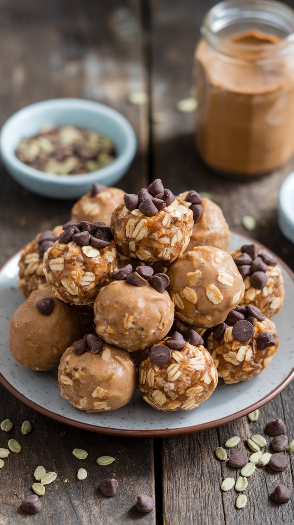 Vegan Protein Energy Balls Recipe A plate of vegan protein energy balls made from oats and nut butter, with chocolate chips, on a wooden table.
