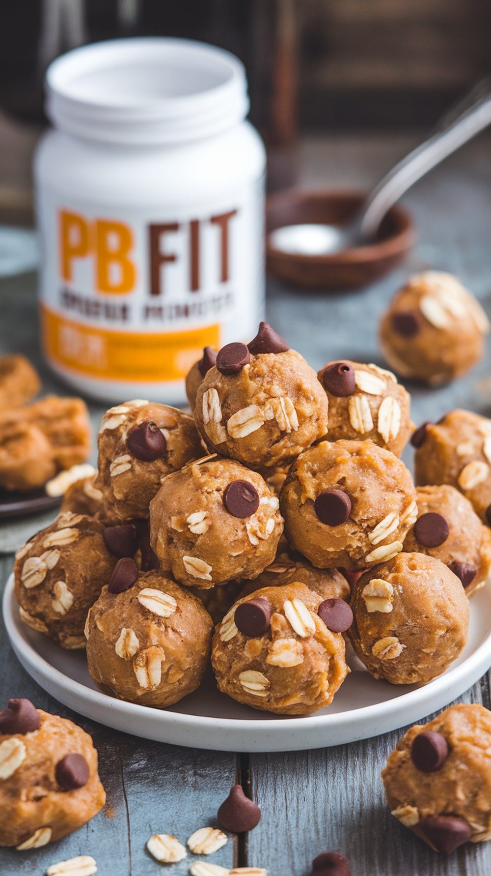 Peanut Butter Protein Balls Recipe A plate of peanut butter protein balls with oats and chocolate chips on a wooden table.
