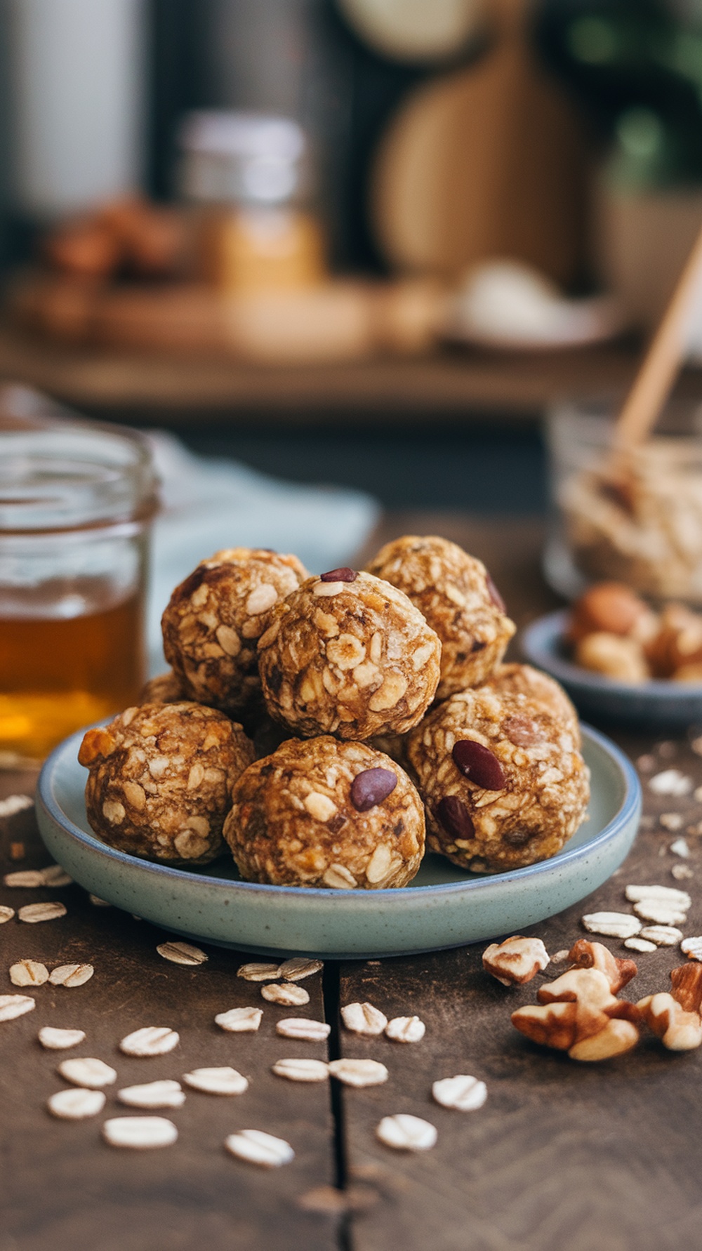 A plate of nutty high protein energy balls made with oats, nuts, and seeds, on a rustic wooden table.