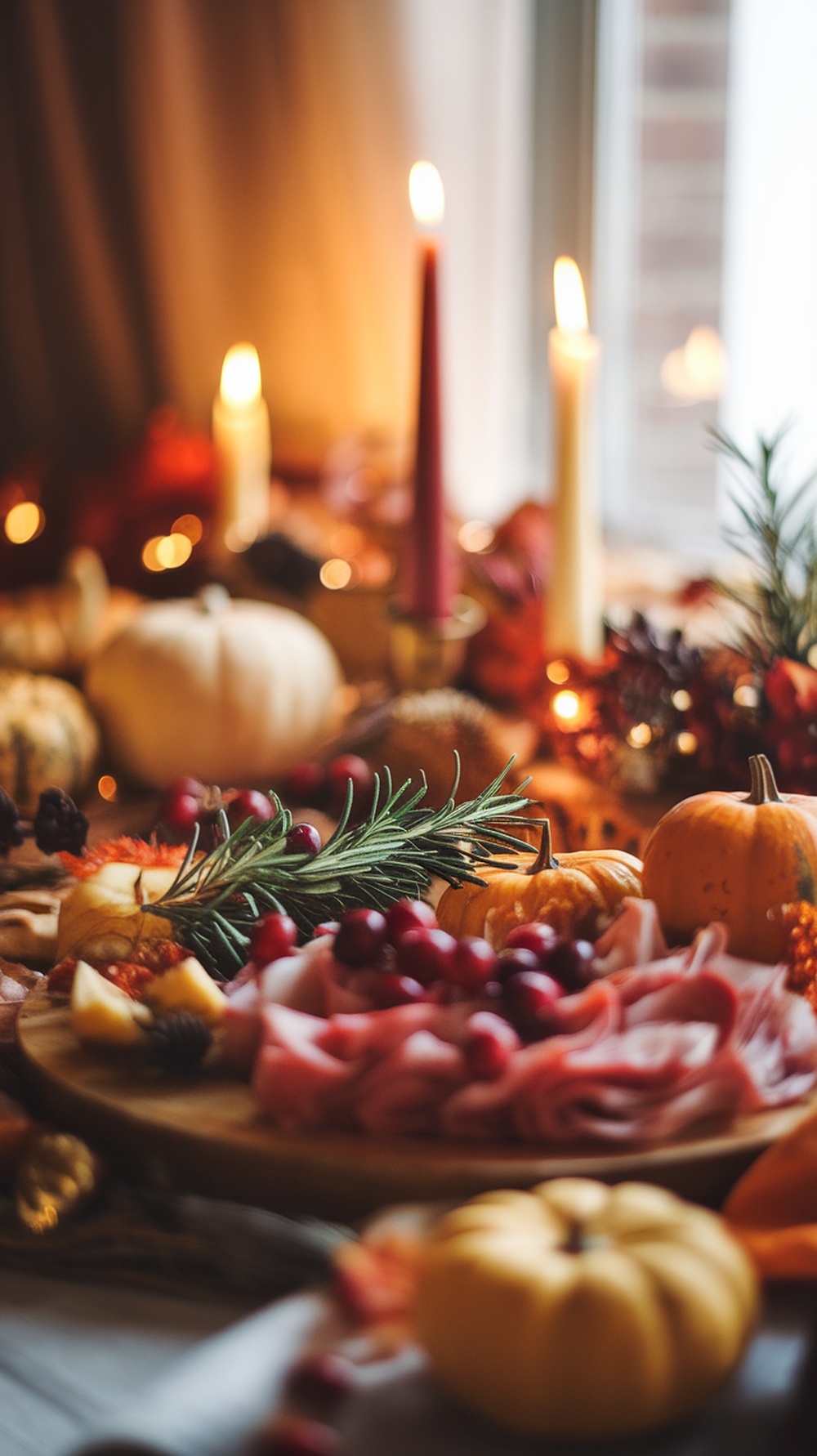 A beautifully arranged Thanksgiving charcuterie board with meats, cheeses, fruits, and festive decor.