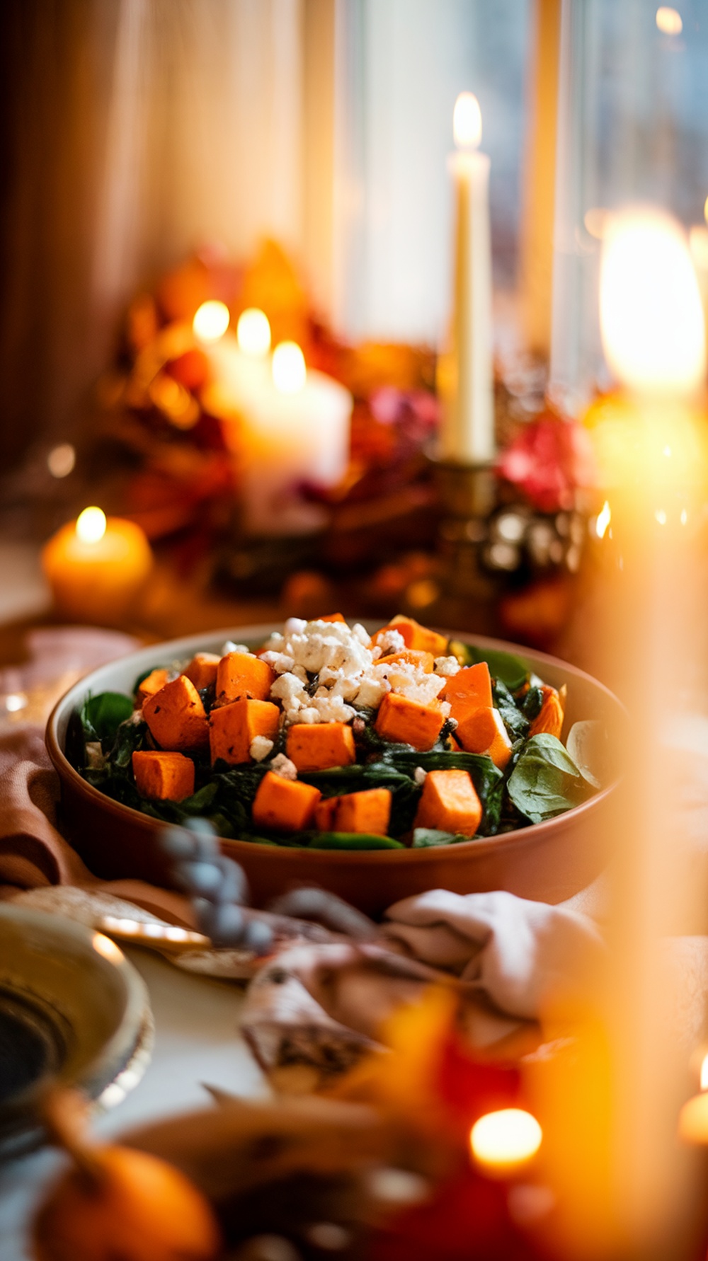 A delicious sweet potato and spinach salad with feta cheese, served in a bowl, surrounded by candles and autumn decorations.
